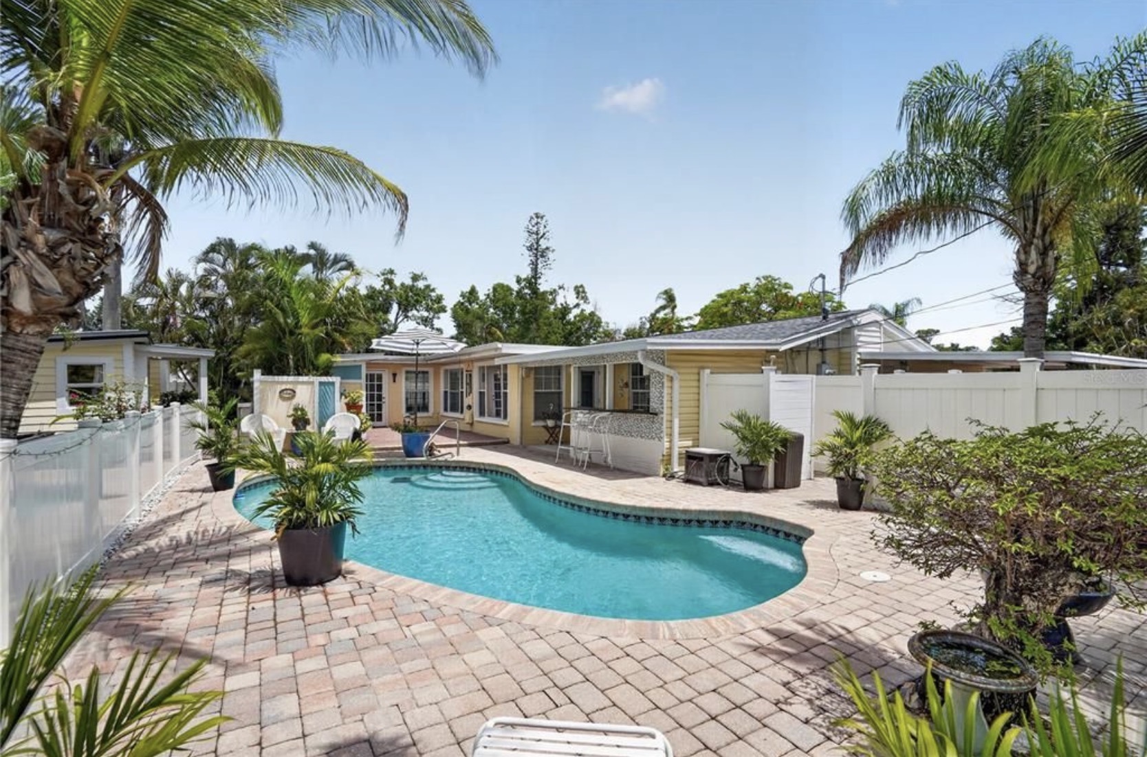Pool with brick paver deck, palms and fenced yard
